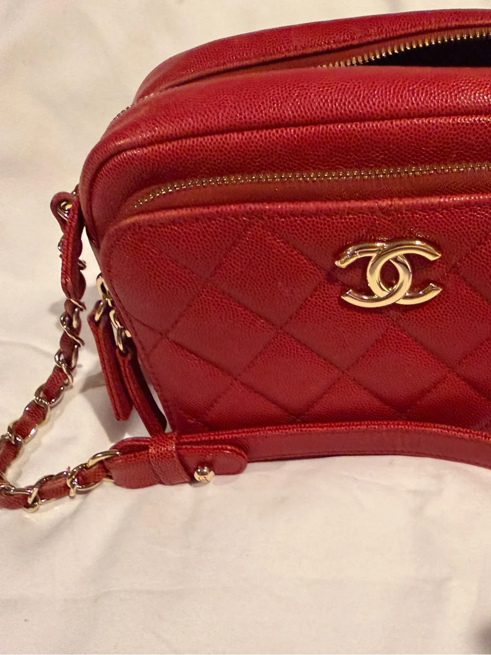 CHANEL Red Quilted Leather Camera Crossbody with Gold Hardware
